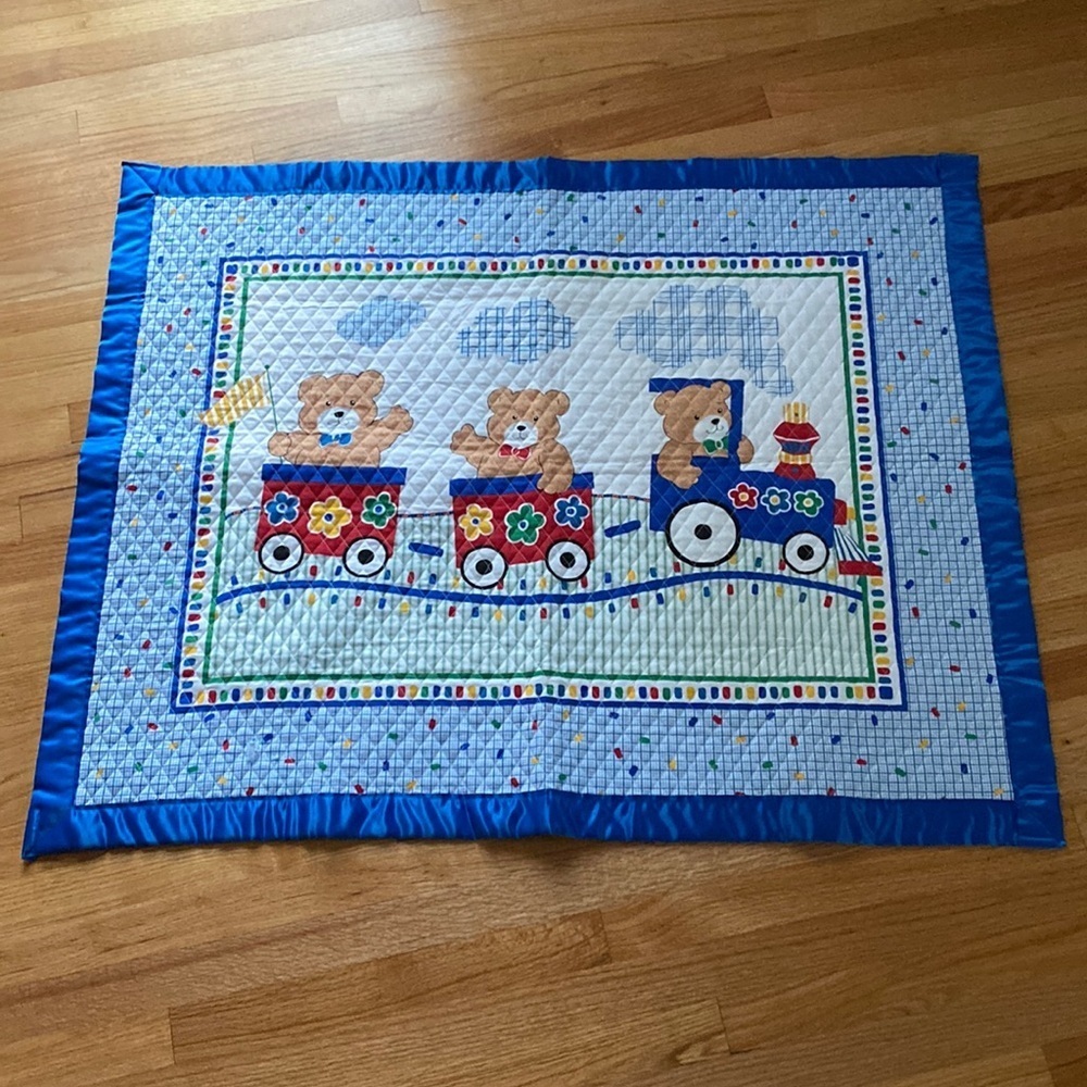 Teddy Bear Train Handmade Quilt Satin Edges Baby Blanket Quilted Bear Nursery